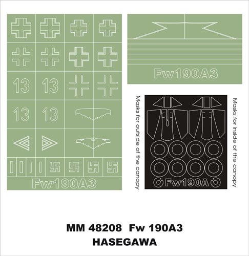 Focke-Wulf Fw-190A-3 canopy frame paint masks (inside and outside) insignia and markings masks (designed to be used with Hasegawa kits)