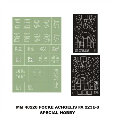 Focke-Angelis Fa 223E-0 canopy frame paint masks (inside and outside) + insignia and markings masks (designed to be used with Special Hobby kits)[VR-3 Czechoslovakian]