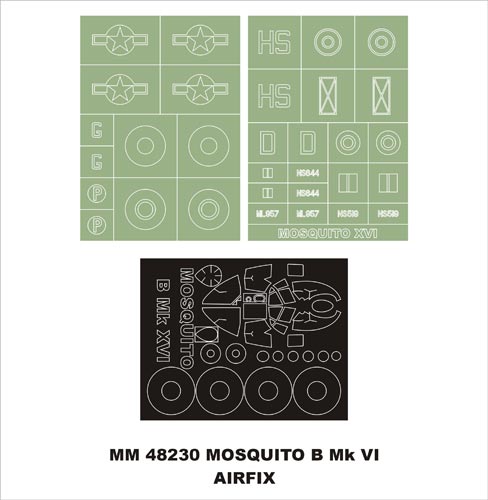 de Havilland Mosquito Mk.XVI 1 canopy frame paint masks (outside only) insignia and markings masks (designed to be used with Airfix kits)