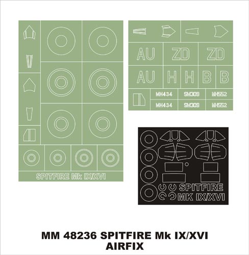 Supermarine Spitfire Mk.IXc/Mk.IXe/Mk.XVI canopy frame paint masks (inside and outside) insignia and markings masks (designed to be used with Airfix kits)