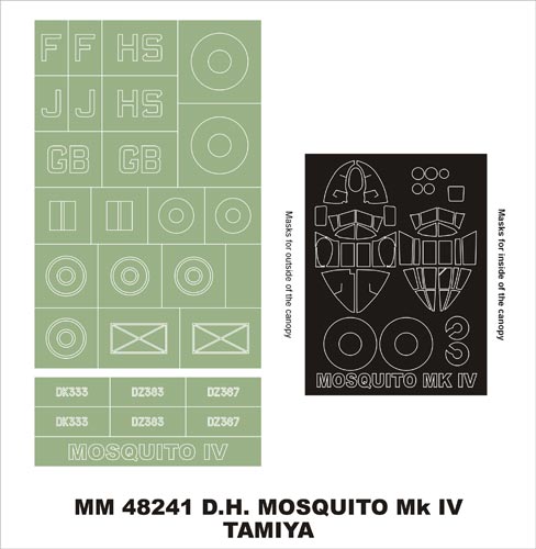 de Havilland Mosquito Mk.IV canopy frame paint masks (inside and outside) insignia and markings masks (designed to be used with Tamiya kits)