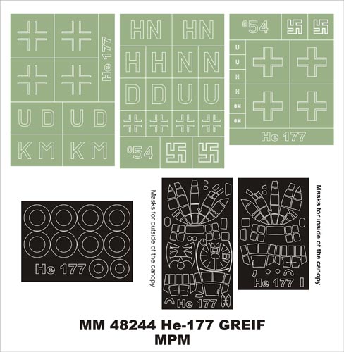 Heinkel He-177A-5 canopy frame paint masks (inside and outside) + insignia and markings masks (designed to be used with MPM and Special Hobby kits) [He-177A-3/He-177A-5]
