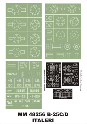 North-American B-25C/D Mitchell canopy frame paint masks (inside and outside) + insignia and markings masks (designed to be used with Italeri kits)[North-American B-25C North-American B-25D]