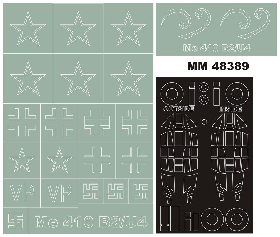 Messerschmitt Me-410B-2 canopy frame paint masks (inside and outside) insignia and markings masks (designed to be used with Meng Model kits)