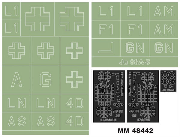 Junkers Ju-88A-5 (designed to be used with ICM ICM48323 kits) 2 canopy frame paint masks (inside & outside) + 2 insignia masks