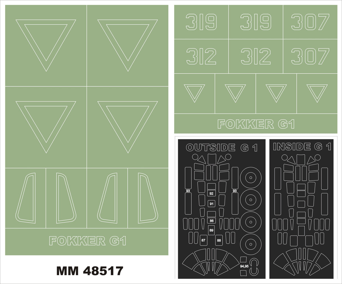 Fokker G-1a 2 canopy frame paint masks (inside & outside) + insignia and markings masks (designed to be used with Micro-Mir MM48-016 kits)