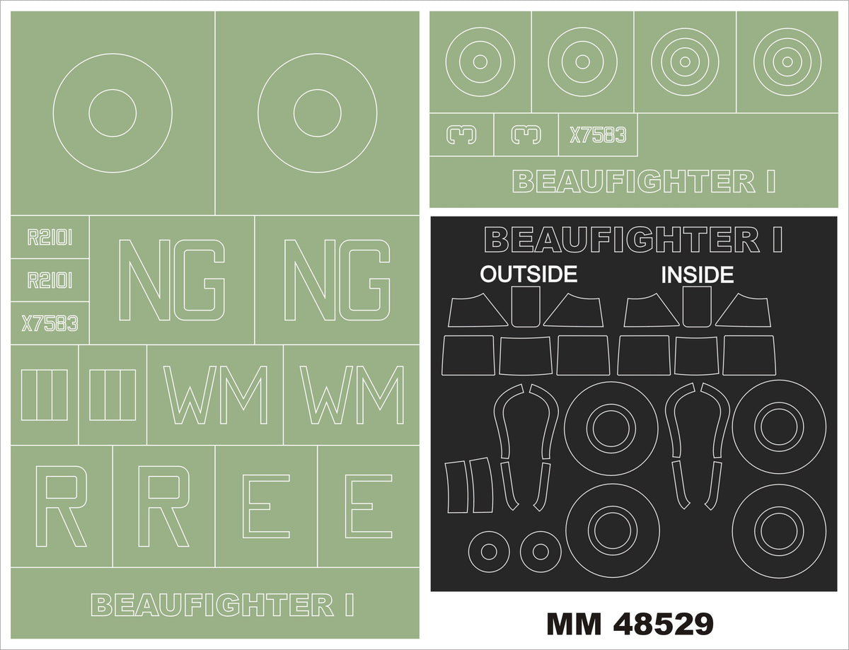 Bristol Beaufighter Mk.I 2 canopy frame paint masks (inside & outside) + 2 insignia masks (designed to be used with Revell RV3854 kits)