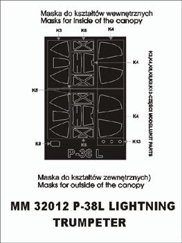 Lockheed P-38L Lightning canopy frame paint masks (inside and outside) (designed to be used with Trumpeter kits)