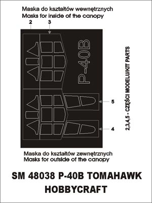 Curtiss P-40B Tomahawk canopy frame paint masks (inside and outside) (designed to be used with Hobbycraft kits)