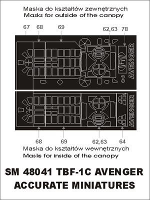 Grumman TBF-1C Avenger canopy frame paint masks (inside and outside) (designed to be used with Accurate Miniatures kits)