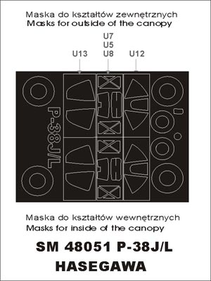 Lockheed P-38J/Lockheed P-38L Lightning canopy frame paint masks (inside and outside) (designed to be used with Hasegawa kits)
