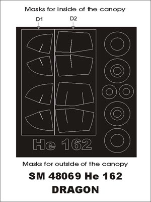 Heinkel He-162A-2 Salamander canopy frame paint masks (inside and outside) (designed to be used with Dragon kits)