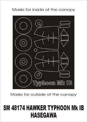 Hawker Typhoon Mk.IB (Bubbletop) canopy frame paint masks (inside and outside) (designed to be used with Hasegawa kits)