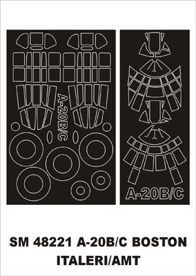 Douglas A-20B Boston canopy frame paint masks (inside and outside) (designed to be used with Italeri kits)