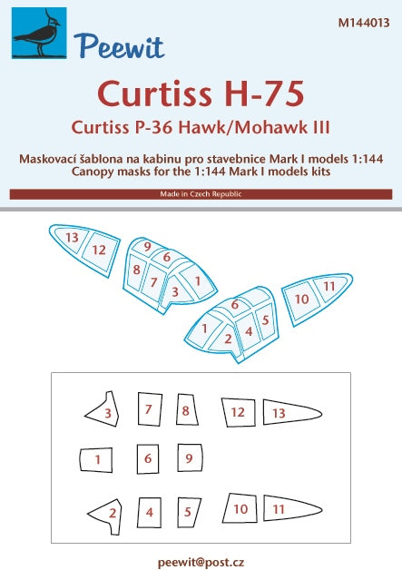 Curtiss P-36A/C Hawk/H-75/Mohawk III canopy frame paint mask (designed to be used with Mark I models kits)