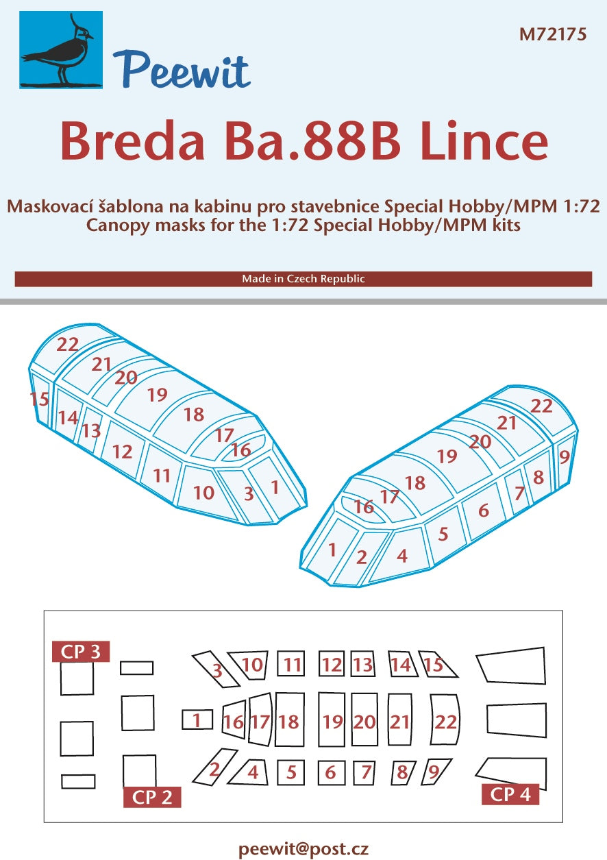 Breda Ba.88B Lince canopy frame paint mask (designed to be used with MPM and Special Hobby kits)