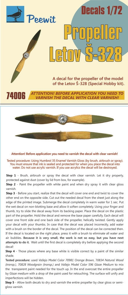 Letov S-328 (Propeller) (designed to be used with Special Hobby kits) (this decal must be varnished before it is used)