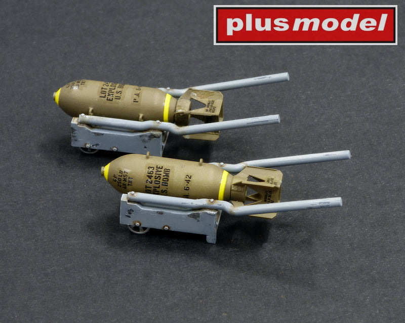 Set includes two hand-pull bomb carts and two 250 Lb bombs with decals. Made with 3D technology.