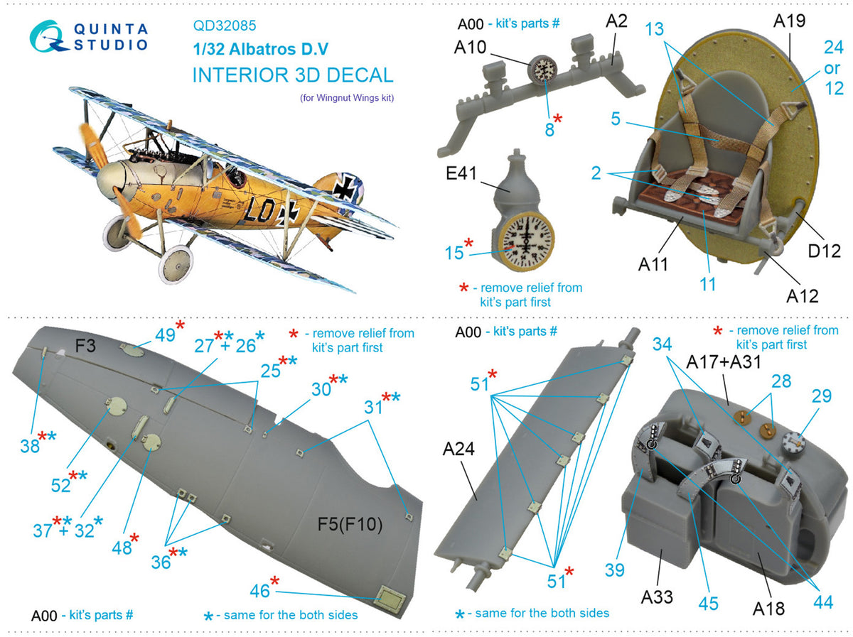 Albatros D.V 3D-Printed coloured Interior on decal paper (designed to be used with Wingnut Wings kits)