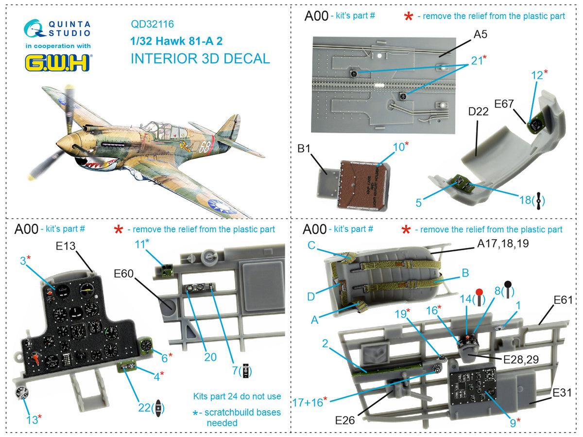 Curtiss Hawk 81-A2 3D-Printed coloured Interior on decal paper (designed to be used with Great Wall Hobby kits)