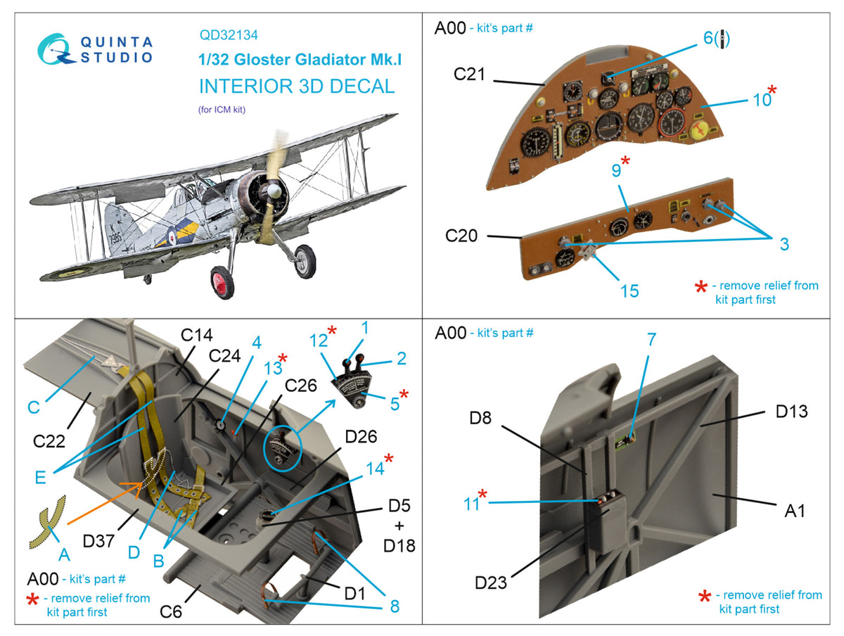 Gloster Gladiator Mk.I 3D-Printed coloured Interior on decal paper (designed to be used with ICM UA UK kits)