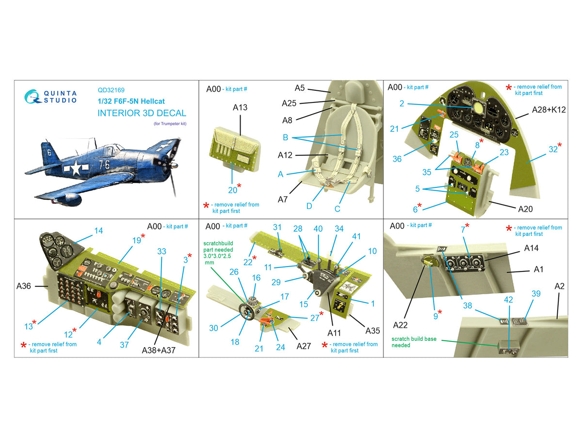 Grumman F6F-5N Hellcat (3D-Printed) & coloured Interior on decal paper(designed to be used with Trumpeter kits)