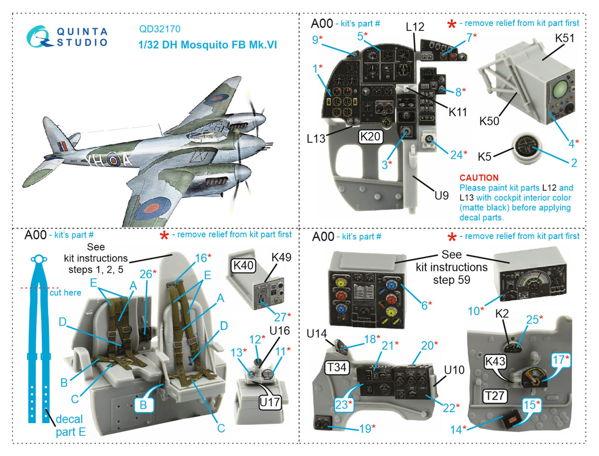 de Havilland Mosquito Mk.VI 3D-Printed coloured Interior on decal paper (designed be used with Tamiya kits)