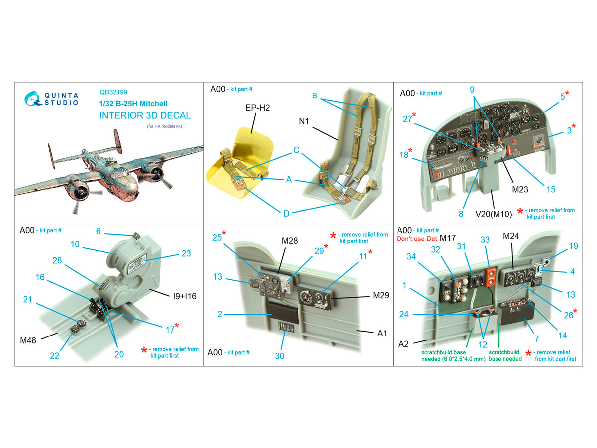 North-American B-25H Mitchell 3D-Printed coloured Interior on decal paper (designed to be used with Hong Kong Models kits)