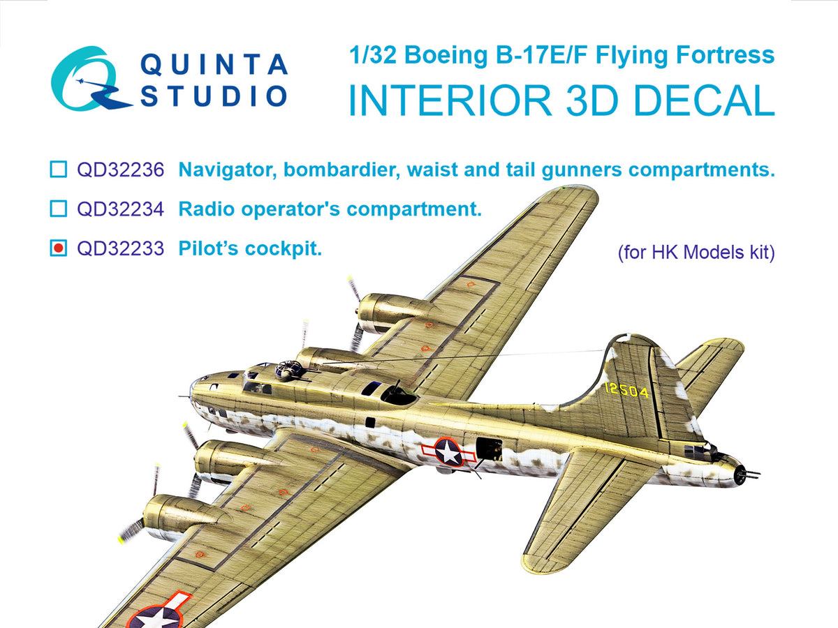 Boeing B-17E/B-17F Flying Fortress Pilot's cockpit 3D-Printed coloured Interior on decal paper (designed to be used with Hong Kong Model kits)