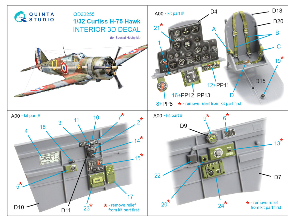 Curtiss H-75 Hawk 3D-Printed & coloured Interior on decal paper(designed to be used with Special Hobby kits)