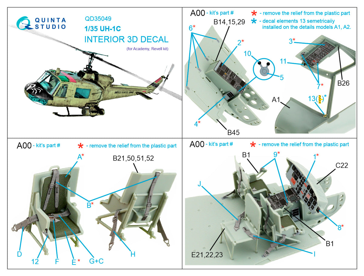 Bell UH-1C 3D-Printed coloured Interior on decal paper (designed to be used with Academy and Revell kits)