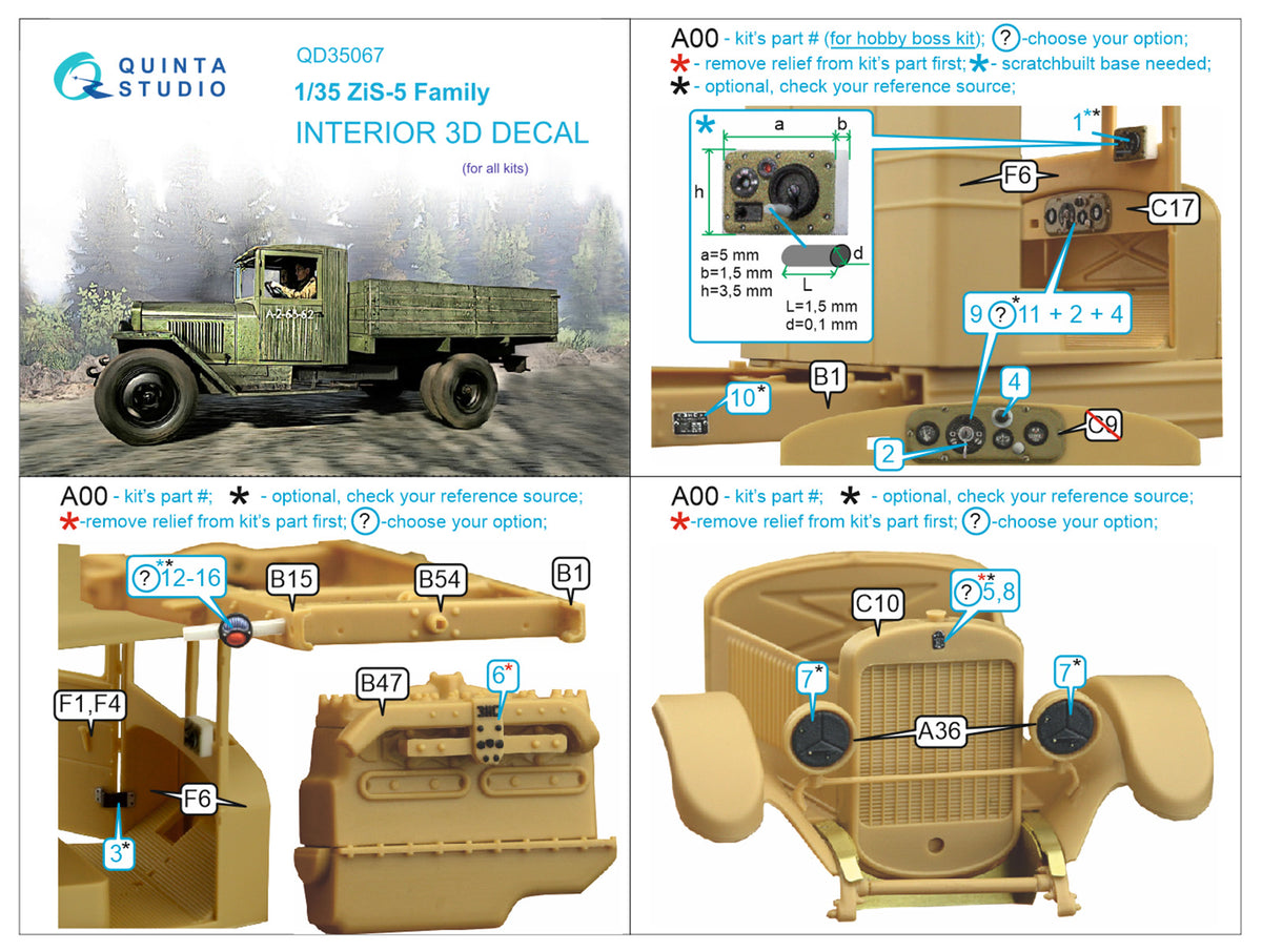 Soviet ZiS-5 3D-Printed coloured Interior on decal paper (designed to be used with Hobby Boss and Zvezda kits))