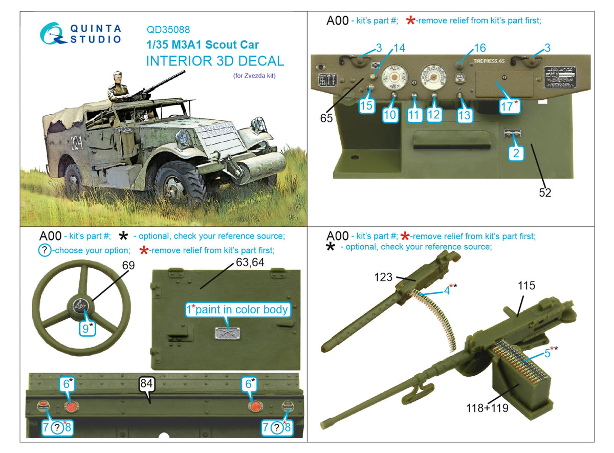 M3A1 Scout 3D-Printed coloured Interior on decal paper (designed to be used with Zvezda kits)
