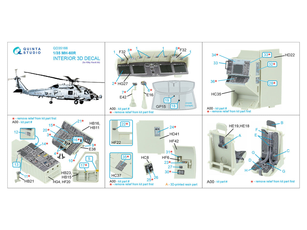 Sikorsky MH-60R Seahawk 3D-Printed & coloured Interior on decal paper (designed to be used with Kitty Hawk Models kits)