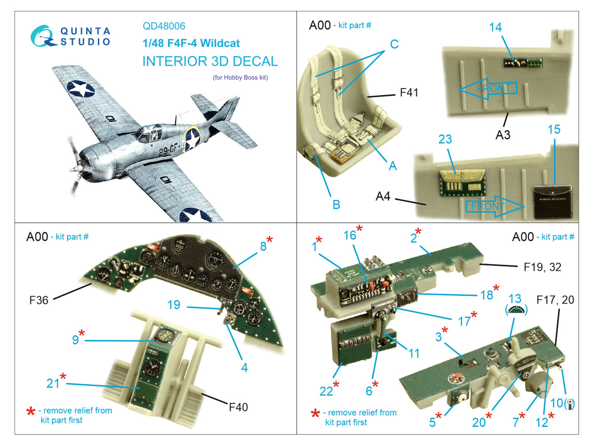 Grumman F4F-4 Wildcat 3D-Printed coloured Interior on decal paper (designed to be used with Hobby Boss kits)