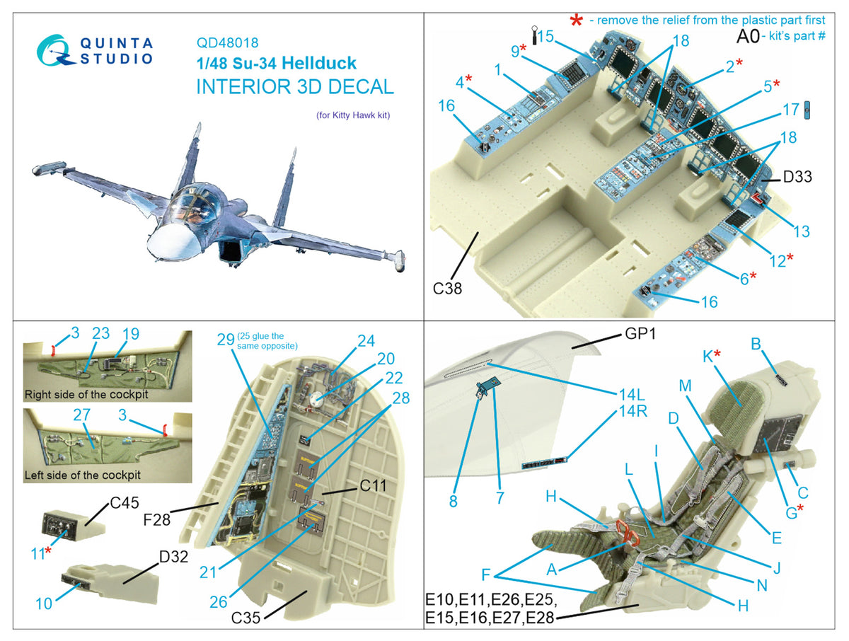 Sukhoi Su-34 3D-Printed coloured Interior on decal paper (designed to be used with Kitty Hawk Models Models and Zimi Model kits)