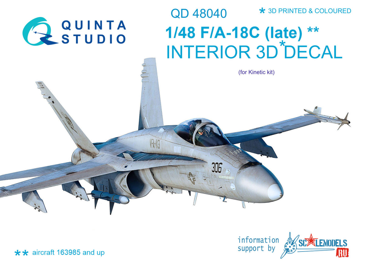 McDonnell-Douglas F/A-18C Hornet (late) 3D-Printed coloured Interior on decal paper (designed to be used with Kinetic Model kits)