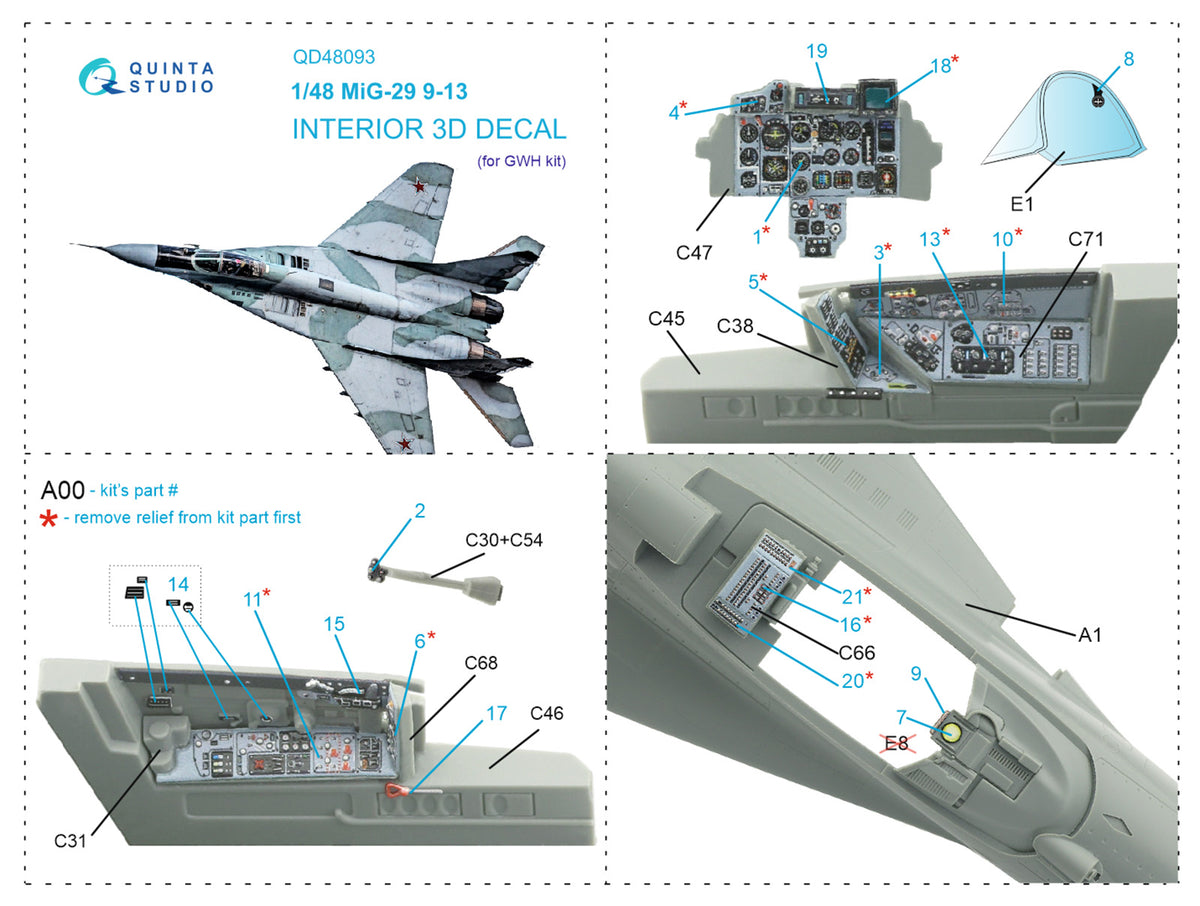 Mikoyan MiG-29 (designed to be used with 9-13 kits) 3D-Printed coloured Interior on decal paper (designed to be used with Great Wall Hobby kits)