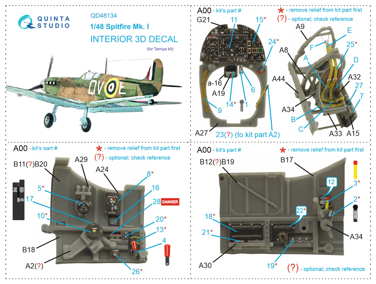 Supermarine Spitfire Mk.1 3D-Printed coloured Interior on decal paper (designed to be used with Tamiya kits)