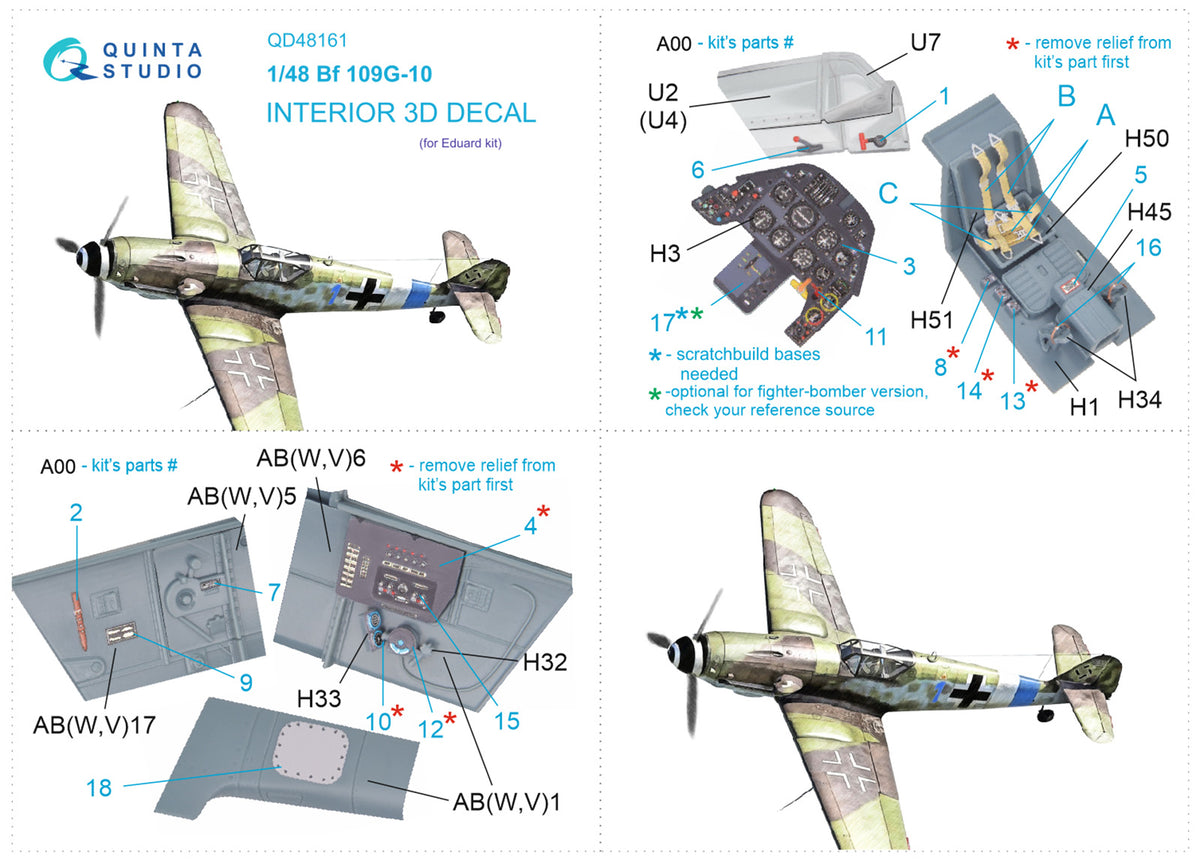 Messerschmitt Bf-109G-10 3D-Printed coloured Interior on decal paper (designed to be used with Eduard kits)