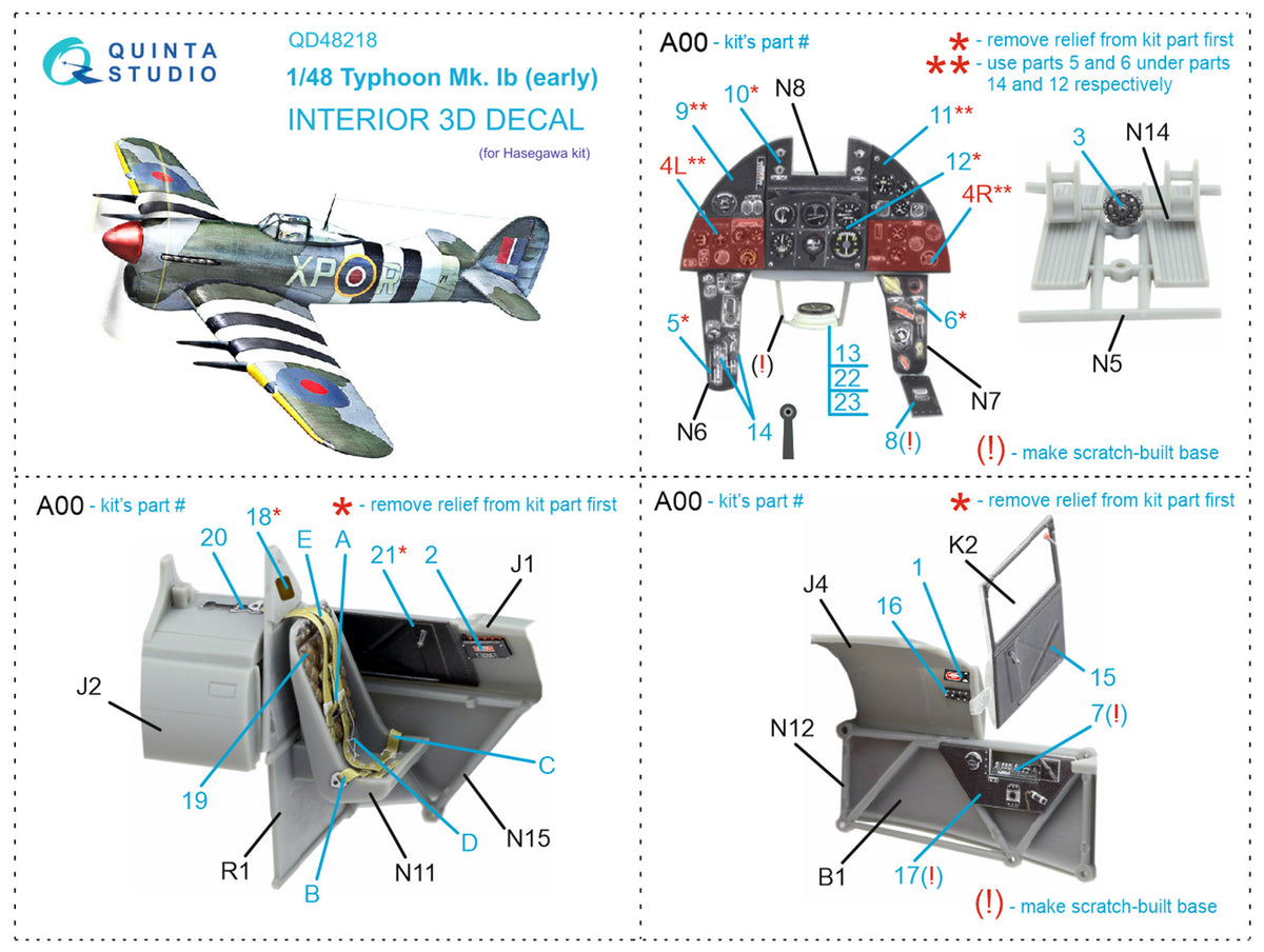 Hawker Typhoon Mk.Ib early 3D-Printed coloured Interior on decal paper (designed to be used with Hasegawa kits)