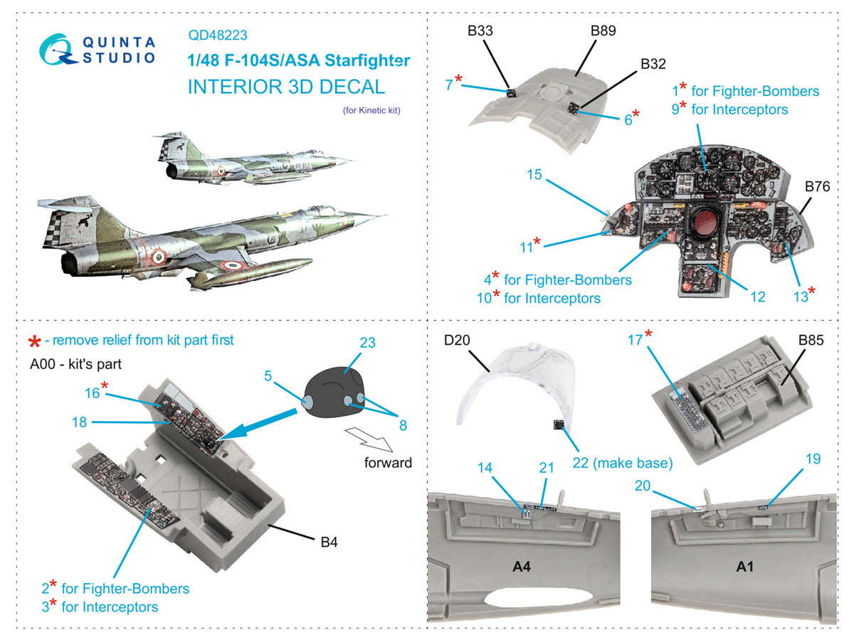 Lockheed F-104S/ASA Starfighter 3D-Printed coloured Interior on decal paper (designed to be used with Kinetic Model kits)