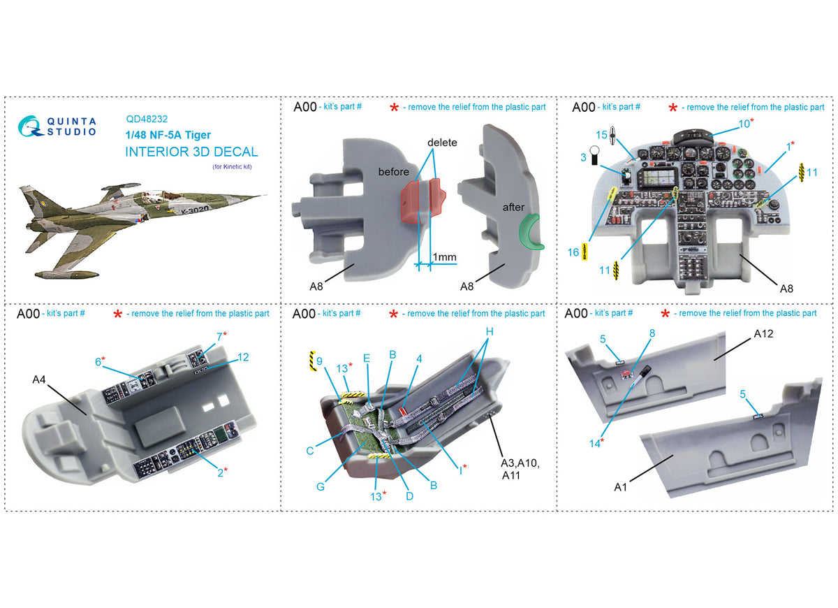 Northrop NF-5A 3D-Printed coloured Interior on decal paper (designed to be used with Kinetic Models kits)
