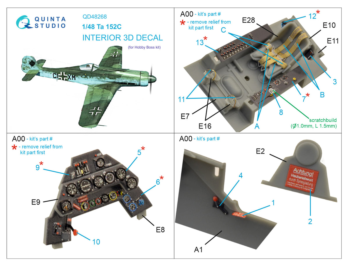 Focke-Wulf Ta-152C 3D-Printed coloured Interior on decal paper (designed to be used with Hobby Boss kits)[Ta-152C-0 Ta-152C-1 Ta-152C-1/R14 Ta-152C-11]