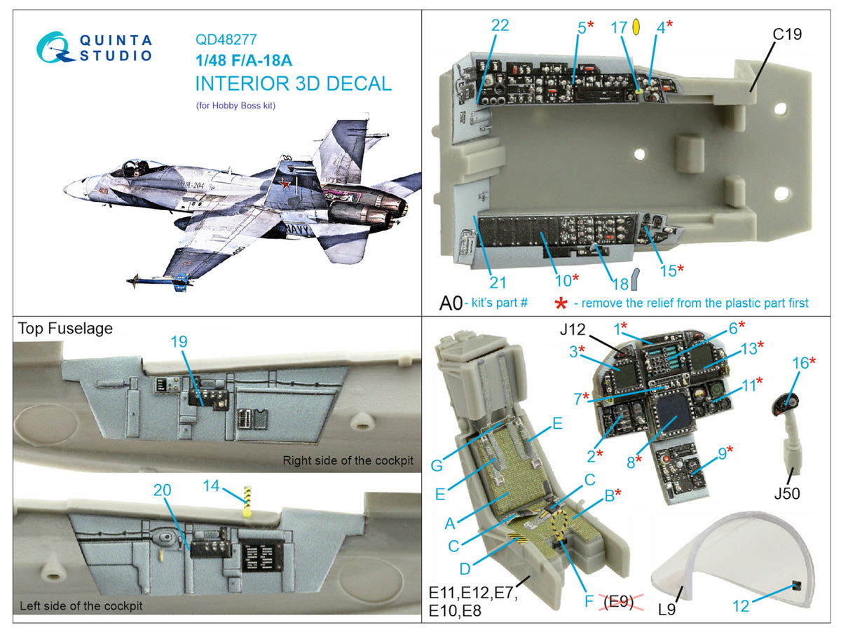 McDonnell-Douglas F/A-18A 3D-Printed coloured Interior on decal paper (designed to be used with Hobby Boss kits)