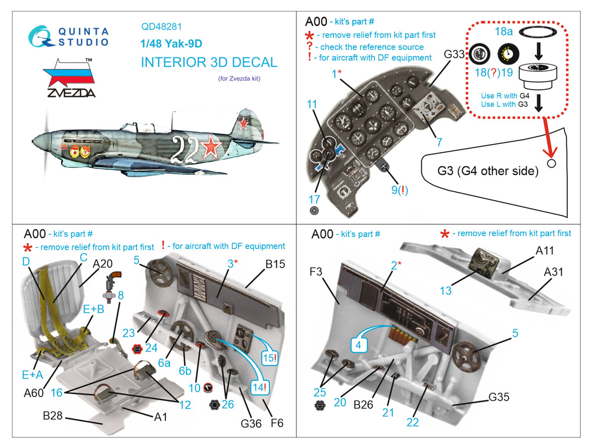 Yakovlev Yak-9D 3D-Printed coloured Interior on decal paper (designed to be used with Zvezda kits)