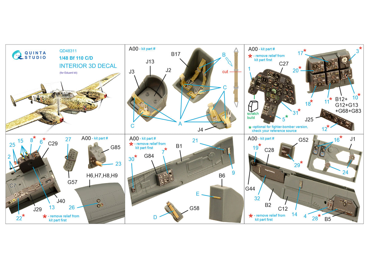 Messerschmitt Bf-110C/D 3D-Printed coloured Interior on decal paper (designed to be used with Eduard kits)