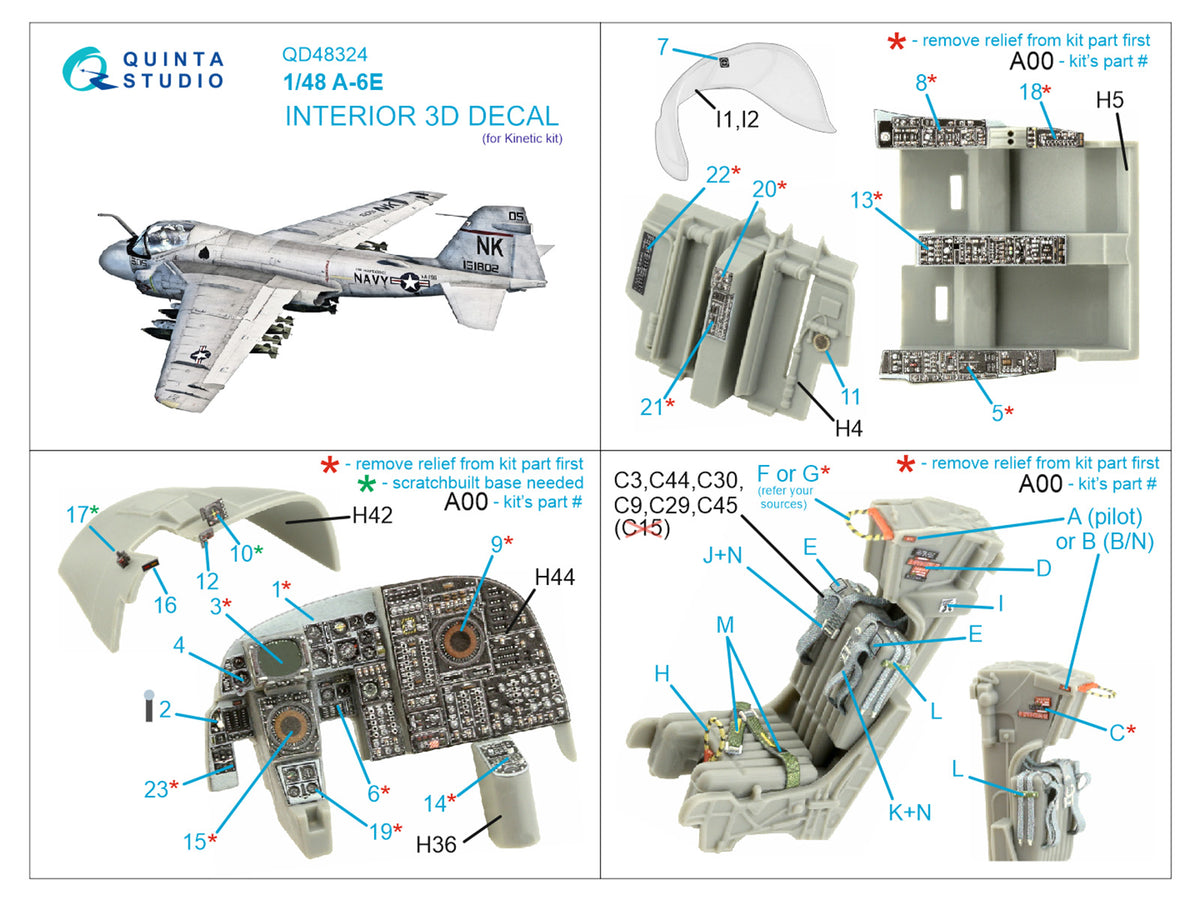 Grumman A-6E 3D-Printed coloured Interior on decal paper (designed to be used with Kinetic Model kits)
