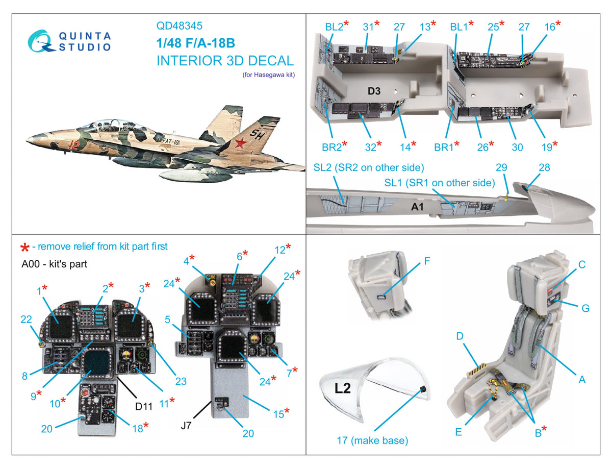 Boeing F/A-18B 3D-Printed coloured Interior on decal paper (designed to be used with Hasegawa kits)