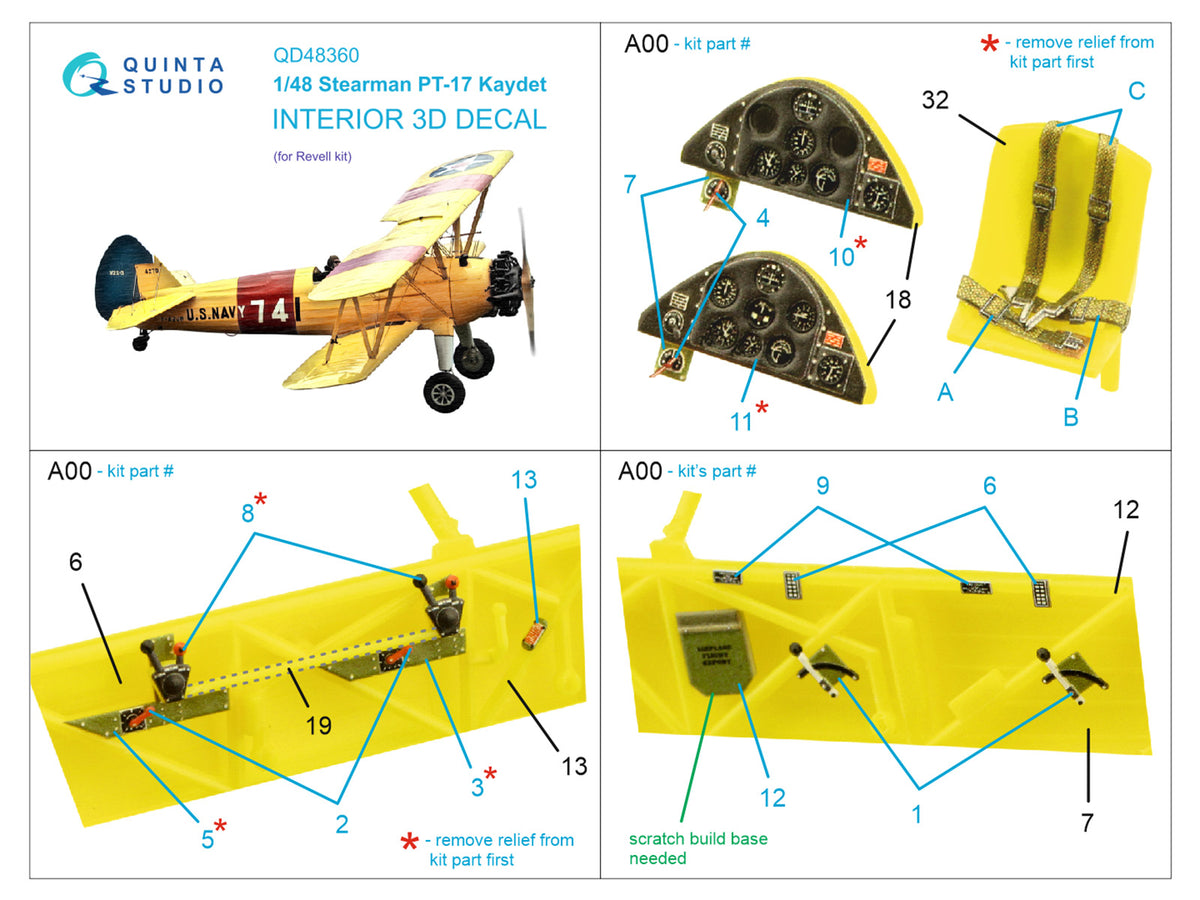 Stearman Pt-17 Kaydet 3D-Printed coloured Interior on decal paper (designed to be used with Revell kits)